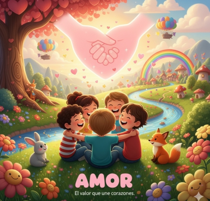 En esta imagen  muestra a cinco niños abrazados y felices en un hermoso paisaje lleno de flores y animales.
Arriba, unas manos forman un corazón de luz. Abajo, se lee "AMOR. El valor que une corazones".
Es una representación colorida y alegre de la amistad, el afecto y la unión.
